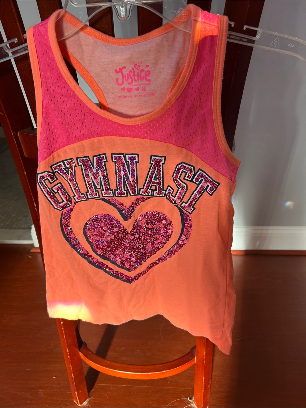 Justice Bright Orange and Pink 'Gymnast' Sequin Heart Tank Top